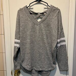No Boundaries Gray V-Neck Sweater with Stripes